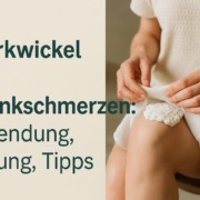 Person legt einen Quarkwickel auf ein schmerzendes Knie; daneben Text: „Quarkwickel bei Gelenkschmerzen: Anwendung, Wirkung, Tipps“ – informatives Beitragsbild in ruhiger, natürlicher Farbgebung.