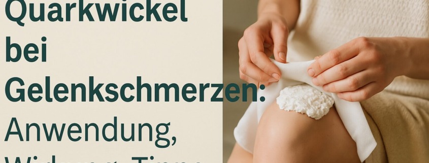 Person legt einen Quarkwickel auf ein schmerzendes Knie; daneben Text: „Quarkwickel bei Gelenkschmerzen: Anwendung, Wirkung, Tipps“ – informatives Beitragsbild in ruhiger, natürlicher Farbgebung.